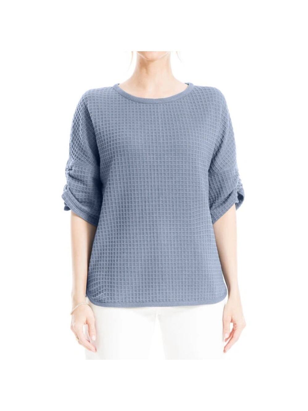 New MAX STUDIO Blue Ruched Elbow Sleeve Waffle Knit Pullover T-Shirt Size L